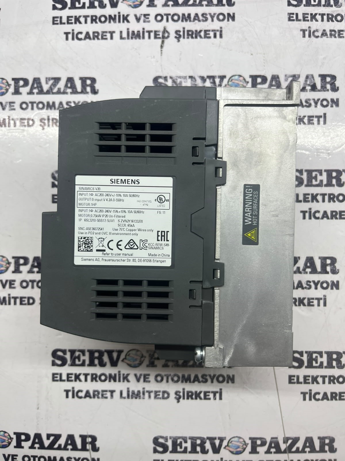 Siemens 6SL3210-5BB17-5UV1 SINAMICS V20 AC Sürücü 0.75 kW / 1 HP (230V 1-Faz) – İkinci El